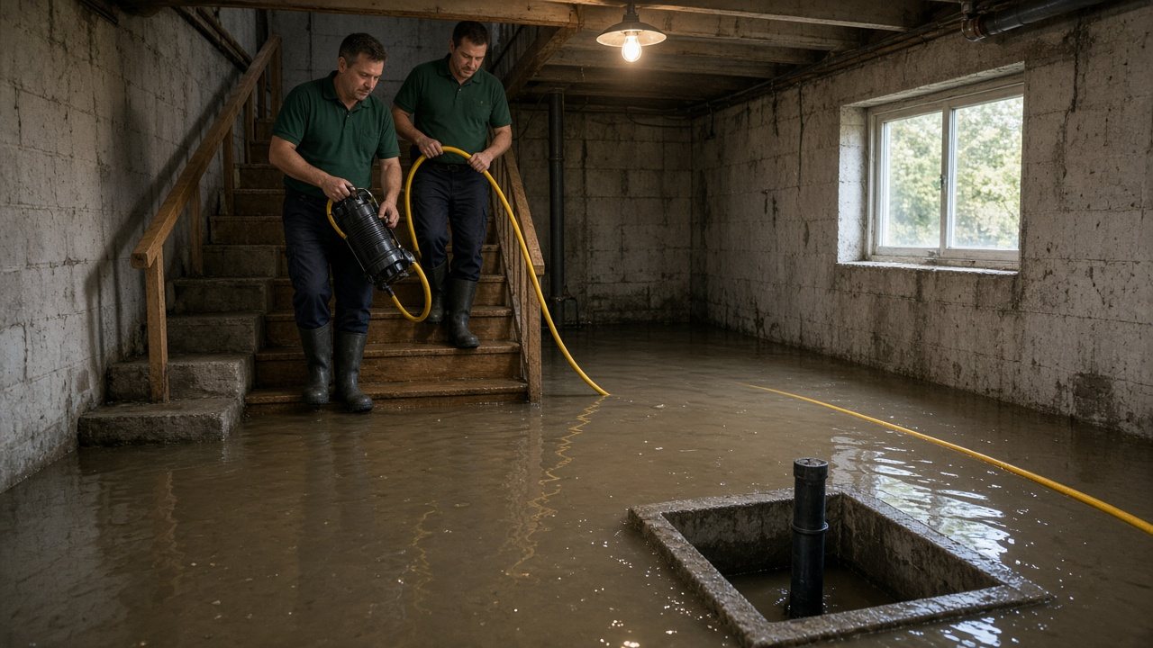 Two technicians carrying a pump into a flooded basement