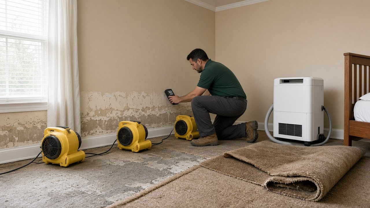 Air movers and a dehumidifier drying wet drywall after carpet is pulled back