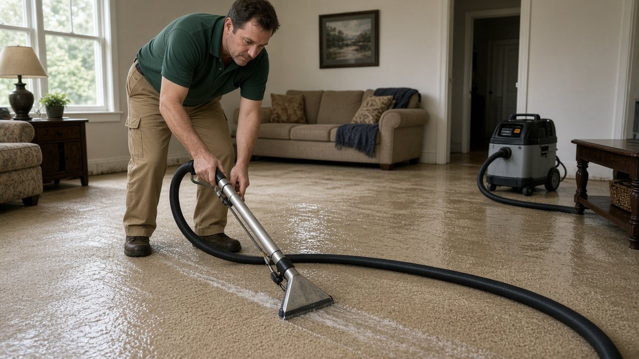 Technician extracting standing water from a soaked living-room carpet