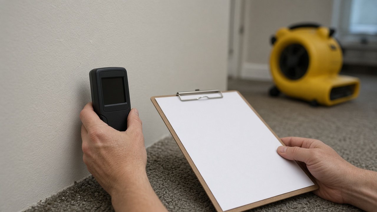 Moisture meter on drywall with a drying log and an air mover behind it
