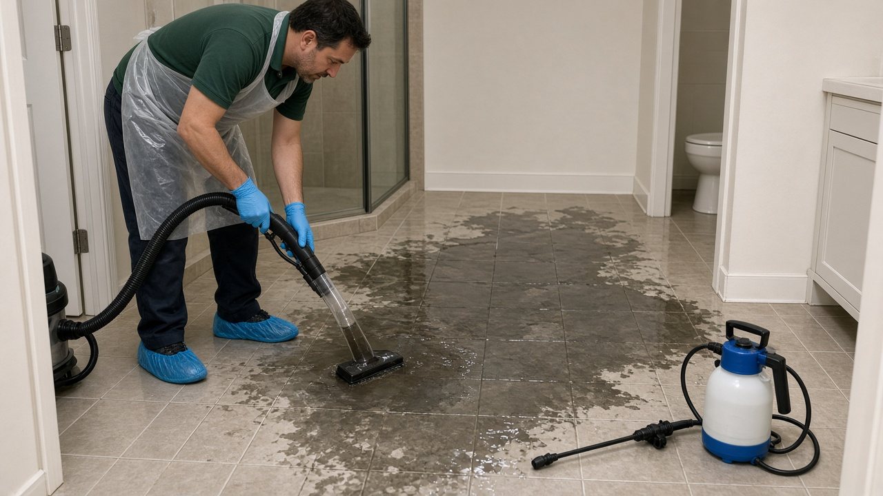 Technician in gloves and shoe covers extracting dirty water from a bathroom floor